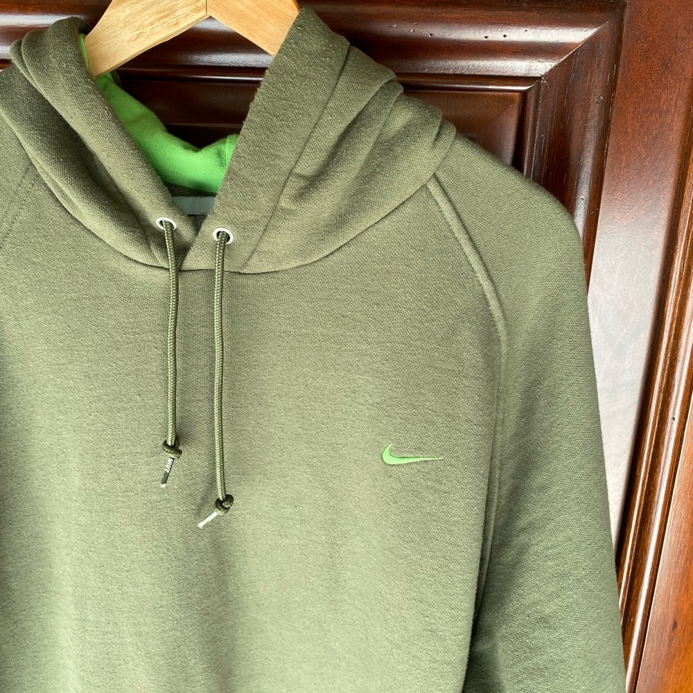 Vintage Y2K Nike Olive and Neon pullover hoodie with embroidered swoosh